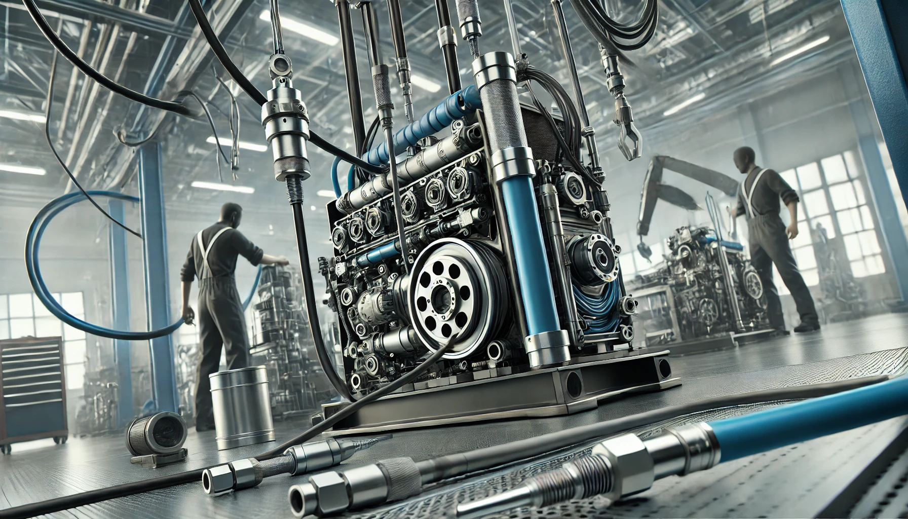 DALL·E 2025-03-07 15.31.44 - A professional and detailed scene of hydraulic equipment maintenance. The image features a close-up of hydraulic machinery, including hoses, pumps, an